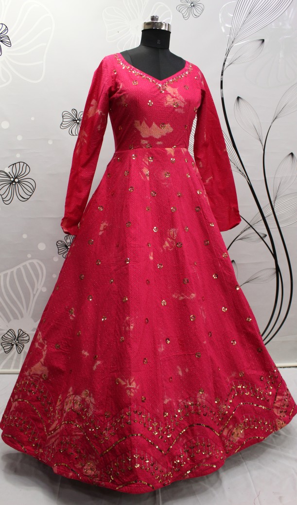 Designer dark pink anarkali style dress with golden embroidery